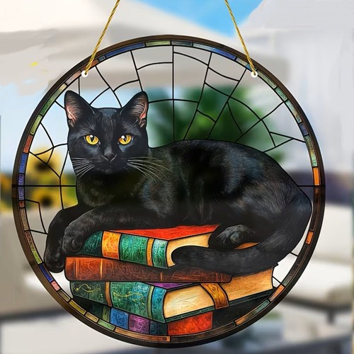 Black cat books suncatcher - black,